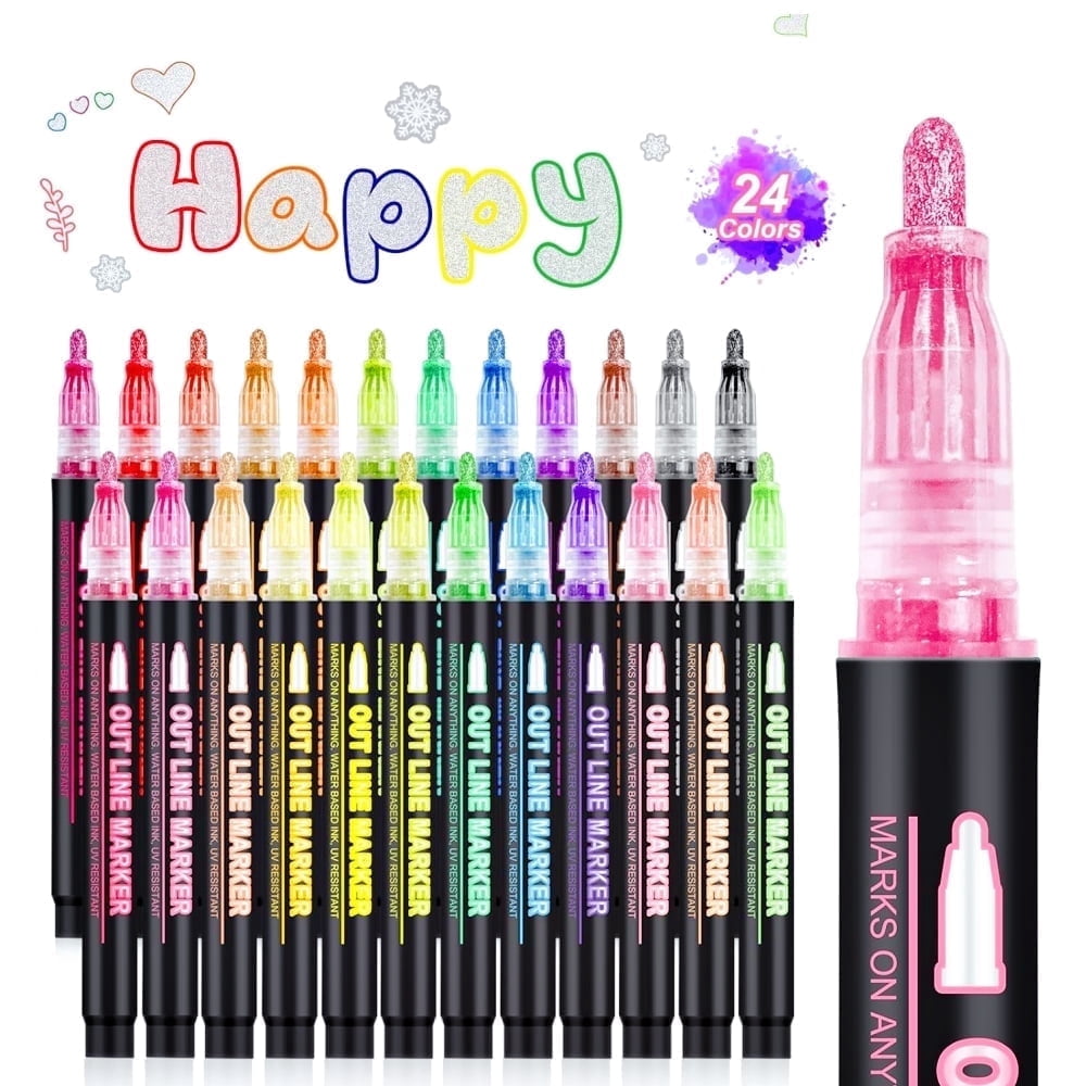 Tyethy Outline Markers, Double Line, Assorted Colors, 24 Count