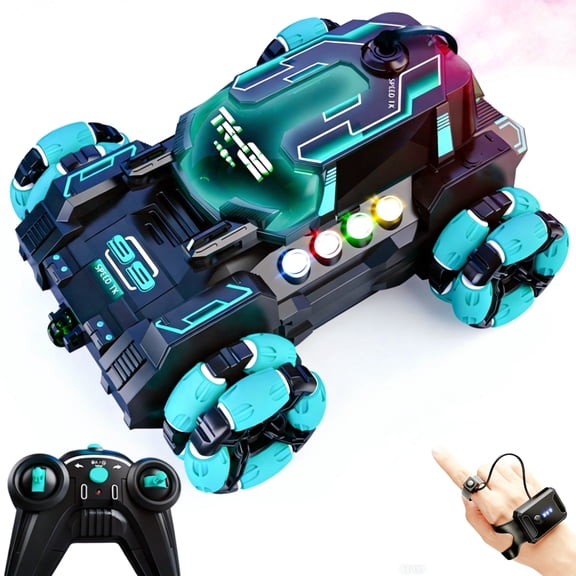 Tyethy RC Stunt Car, 4WD Spray Drift Car with Dual Remote Control, 360° Rotating Double-Sided Toy Car with LED Lights and Music, 2 Rechargeable Batteries, Kids Ages 5+, Blue