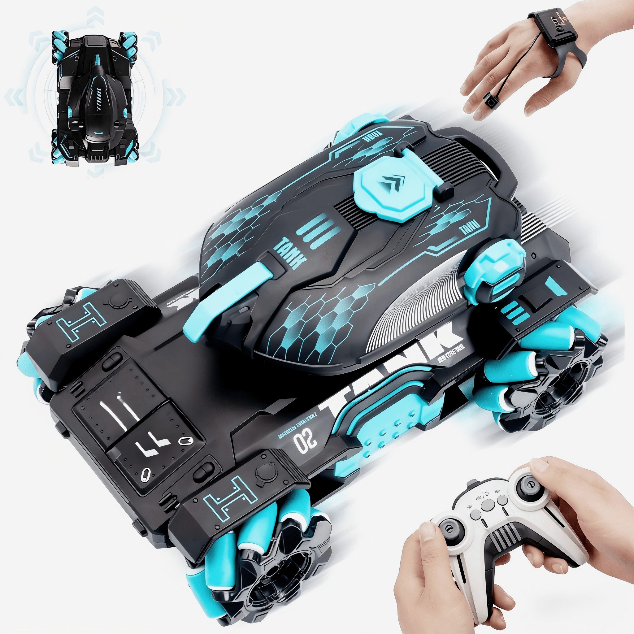Tyethy RC Cars for Boys Gesture Sensing Remote Control Car RC Stunt Car Tank Toy with Lights Music for Kids Ages 5+, Blue
