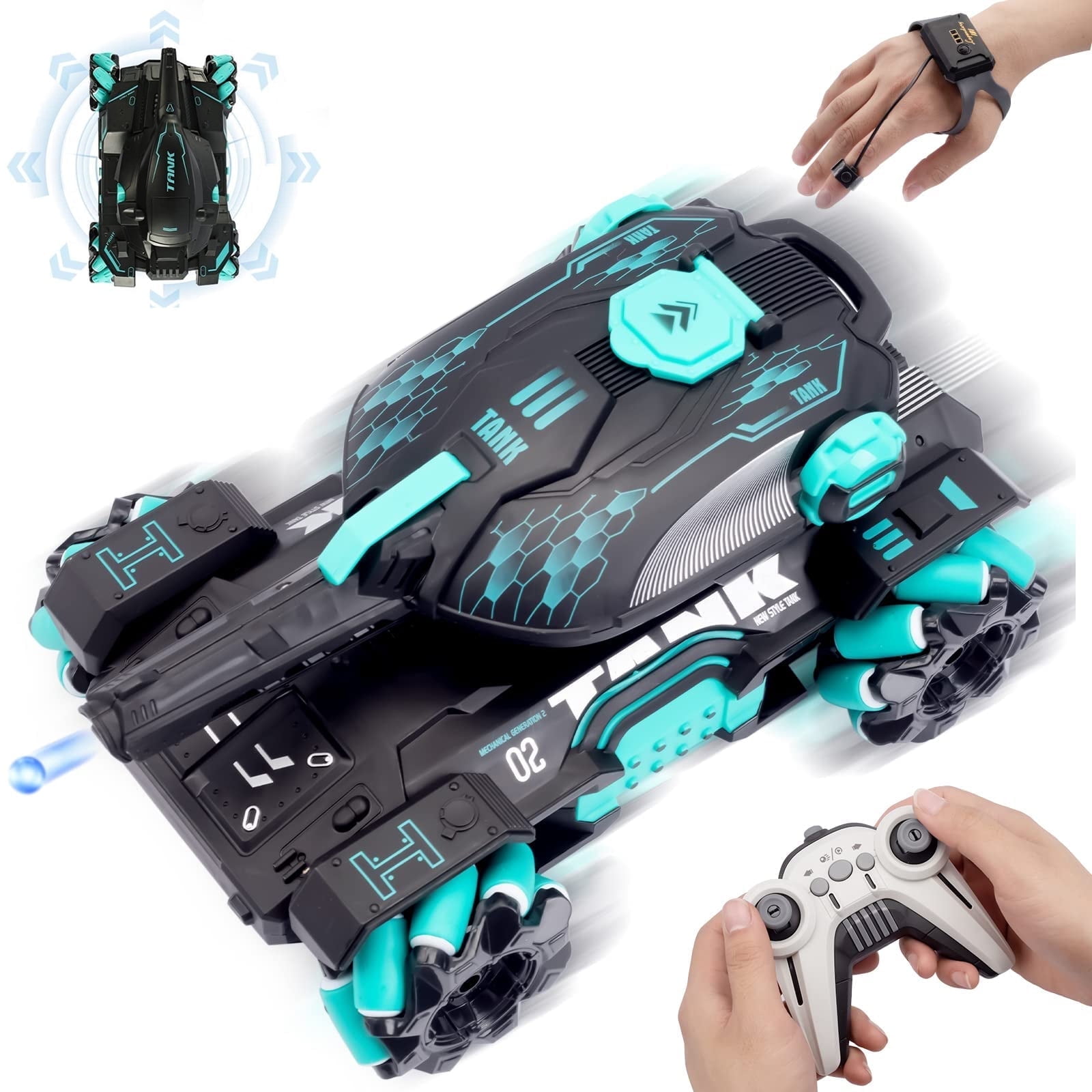 Tyethy RC Cars for Boys Gesture Sensing Remote Control Car RC Stunt Car Shooting Water Bombs Tank Toy with Lights Music for Kids Ages 5+, Blue