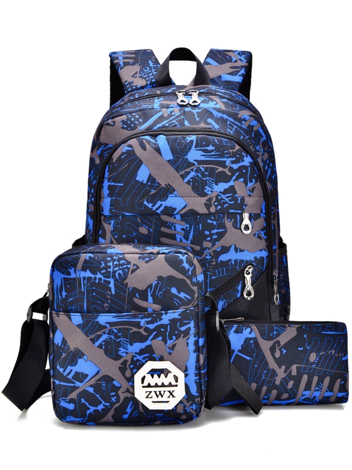 Tyethy School Backpack Boys School Bag Set with Crossbody Bag and Pencil Case, 3-in-1 Kids Bookbag for Elementory, Blue