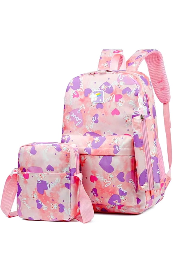 Girls School Backpack, Cute Heart Print Bookbag with Crossbody Lunch Bag, Lightweight Students Schoolbag for Middle, Daily Use, Pink