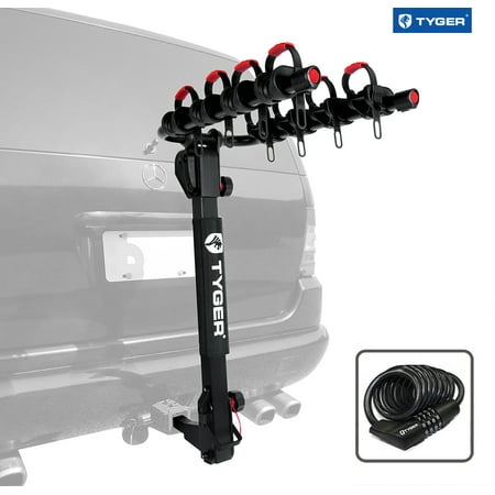 Tyger Auto TG-RK4B102B Deluxe 4-bike Carrier Rack Compatible with both 1-1/4'' and 2'' Hitch Receiver | With Hitch Pin Lock & Cable Lock | Soft Cushion Protector