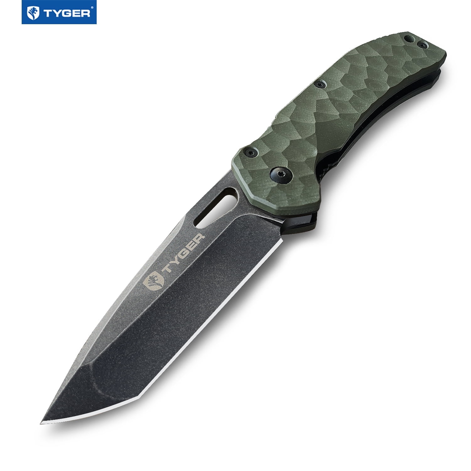 Tyger K4 EDC Folding Pocket Knife | Stone-washed AUS-8 Steel Blade with Black Titanium Ion Carbide Coating | Green G-10 Handle | TG-KF7A2368