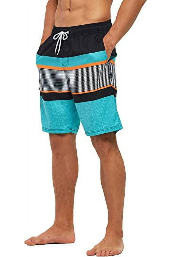 Men's Beach Pants Quick Drying Swimming Trunks Mesh Lining Green stripe 30