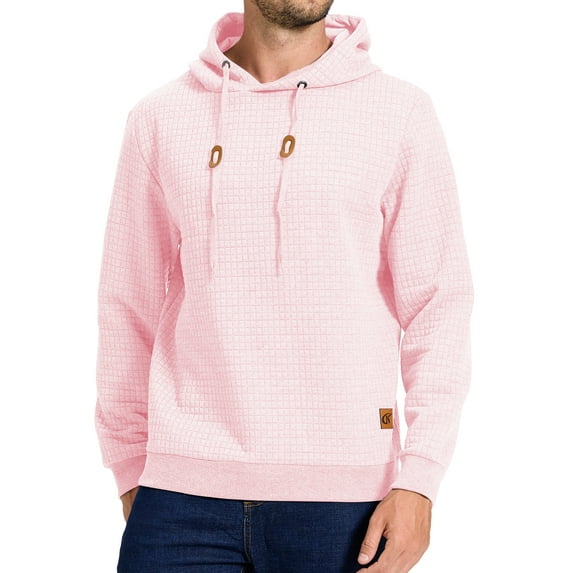 Tyhengta Mens Hooded Sweatshirt Casual Long Sleeve Drawstring Jacquard PlaidCloth Pullover Hoodies Pink L
