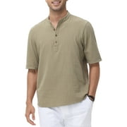 Tyhengta Mens Cotton Henley Shirt Band Collar Short Sleeve Shirt Casual Summer Lightweight Breathable Shirt Army Green M