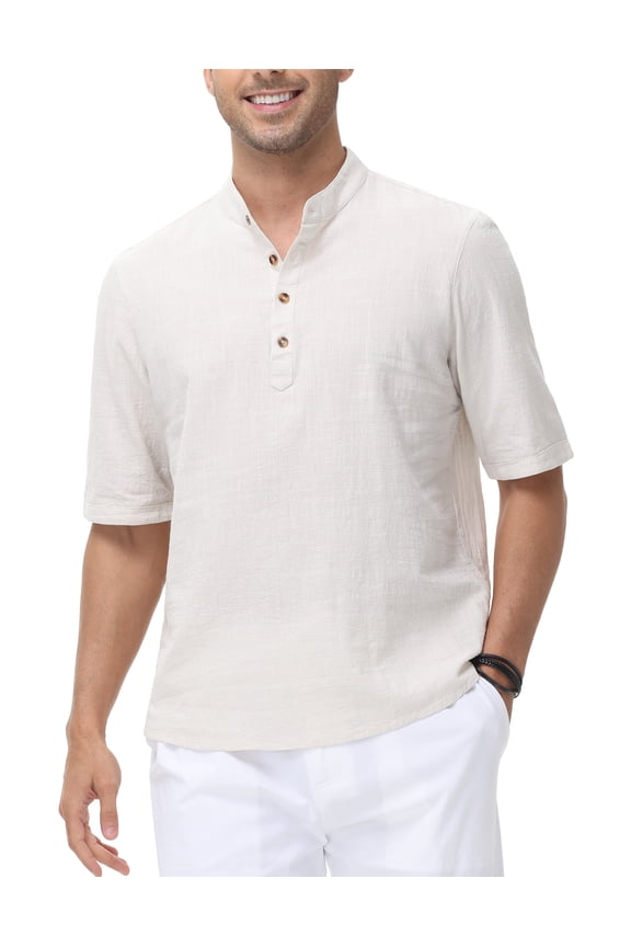 Men's Cotton Henley Shirt Band Collar Short Sleeve Shirt Casual Summer Lightweight Breathable Shirt Beige S