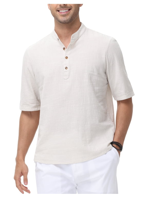 Men's Cotton Henley Shirt Band Collar Short Sleeve Shirt Casual Summer Lightweight Breathable Shirt Beige XL