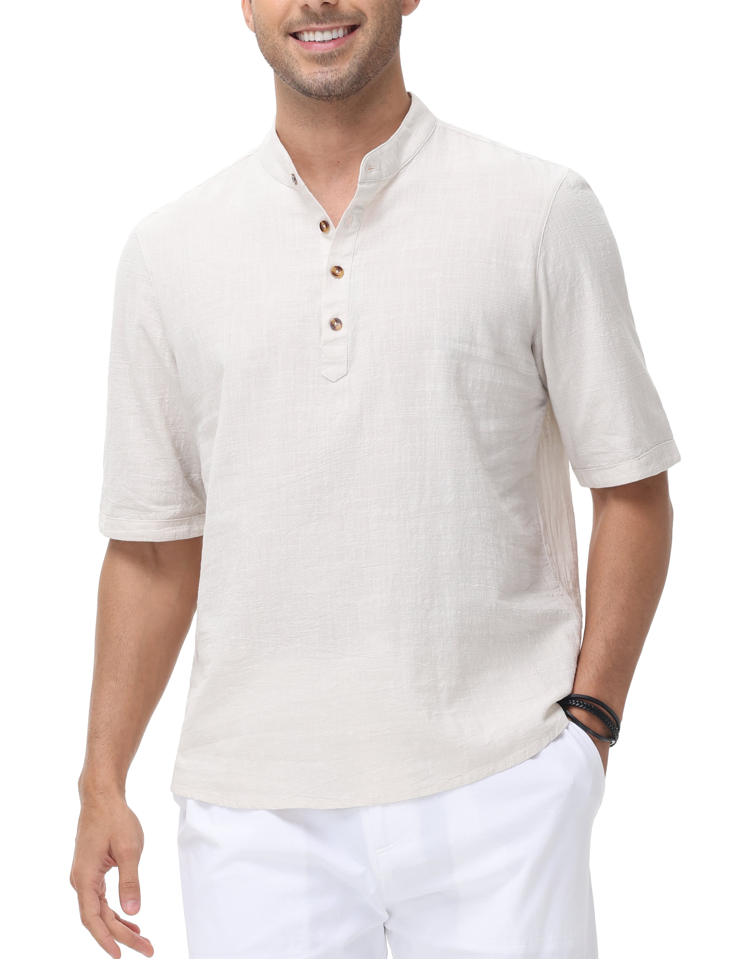 Tyhengta Men's Cotton Henley Shirt Band Collar Short Sleeve Shirt Casual Summer Lightweight Breathable Shirt Beige XXL