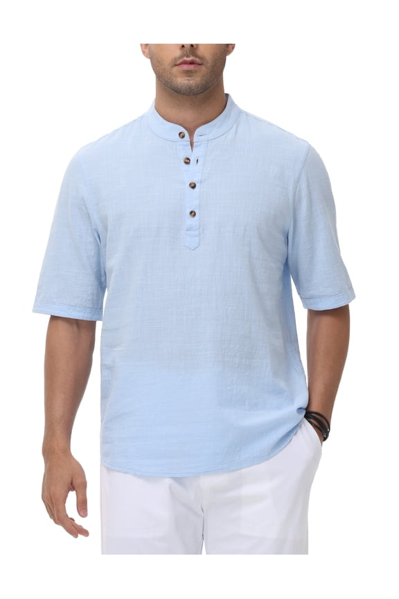 Men's Cotton Henley Shirt Band Collar Short Sleeve Shirt Casual Summer Lightweight Breathable Shirt Light Blue L