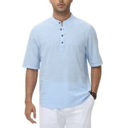 Tyhengta Mens Cotton Henley Shirt Band Collar Short Sleeve Shirt Casual Summer Lightweight Breathable Shirt Light Blue XXL