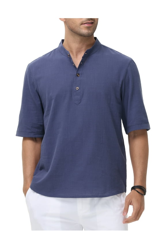 Men's Cotton Henley Shirt Band Collar Short Sleeve Shirt Casual Summer Lightweight Breathable Shirt Navy blue M