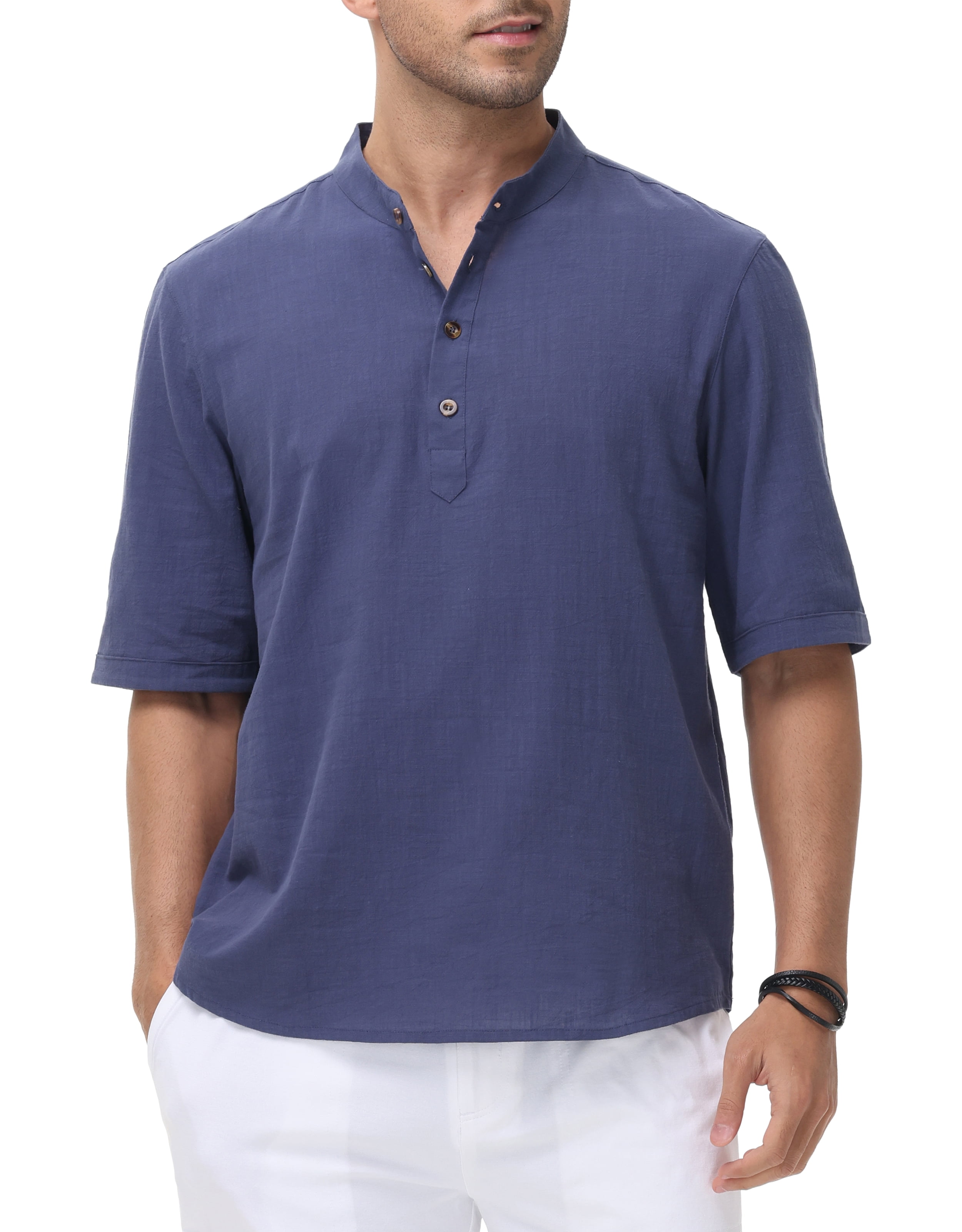 Tyhengta Men's Cotton Henley Shirt Band Collar Short Sleeve Shirt Casual Summer Lightweight Breathable Shirt Navy blue S