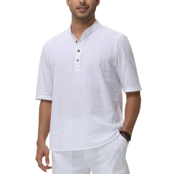 Tyhengta Men's Cotton Henley Shirt Band Collar Short Sleeve Shirt Casual Summer Lightweight Breathable Shirt White L
