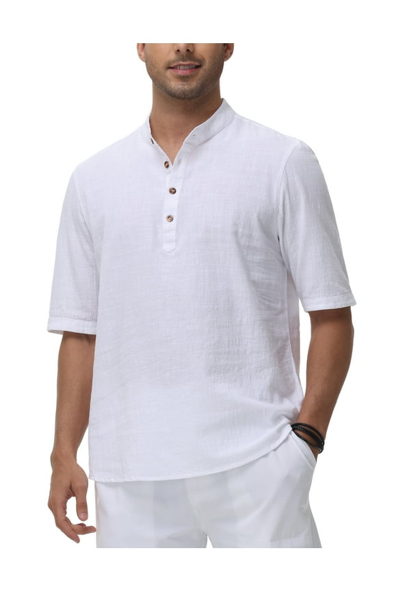 Men's Cotton Henley Shirt Band Collar Short Sleeve Shirt Casual Summer Lightweight Breathable Shirt White L