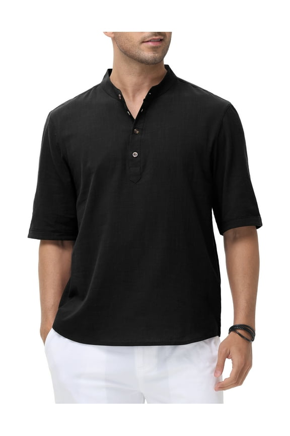 Men's Cotton Henley Shirt Band Collar Short Sleeve Shirt Casual Summer Lightweight Breathable Shirt