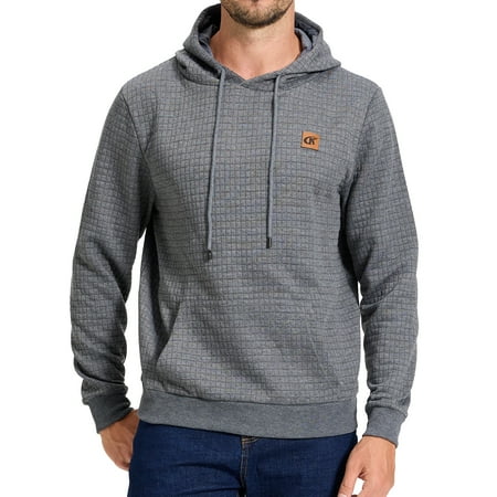 Tyhengta Men's Hoodies Pullover Plaid Jacquard Hoodie Long Sleeve Casual Drawstring Sweatshirts with Pocket Gray XL