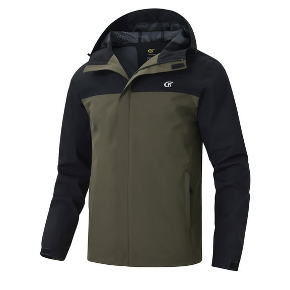 Tyhengta Men's Jacket Waterproof Coat Hooded Raincoat Outdoor Hiking Lightweight Windbreaker Black/Army Green L