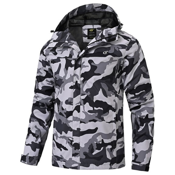 Tyhengta Men's Jacket Waterproof Coat Hooded Raincoat Outdoor Hiking Lightweight Windbreaker Camouflage grey L