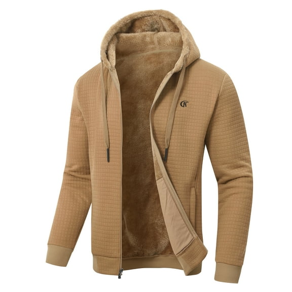 Tyhengta Men's Jacquard Plaid Cloth Zipper Hooded Jacket Fleece Lining Winter Warm Jacket