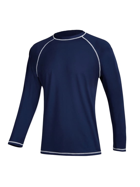 Tyhengta Men's Long Sleeve Swim Shirts Rashguard UPF 50+ UV Sun Protection Shirt Athletic Workout Running Hiking T-Shirt Swimwear NavyBlue L