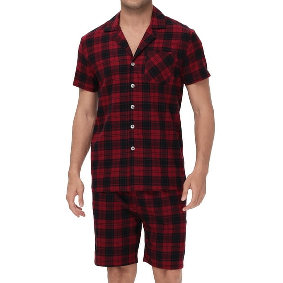 Tyhengta Men's Pajamas Plaid Sets Sleepwear Pajama Collar Short Sleeve Shirts and Pants Mens Pjs Lounge Set With Pockets Black/Red XXL