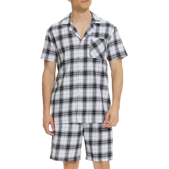 Tyhengta Men's Pajamas Plaid Sets Sleepwear Pajama Collar Short Sleeve Shirts and Pants Mens Pjs Lounge Set With Pockets Black/White M