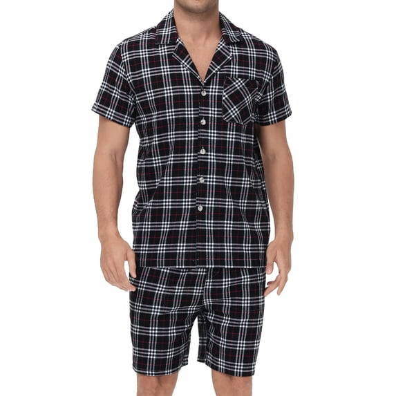 Tyhengta Men's Pajamas Plaid Sets Sleepwear Pajama Collar Short Sleeve Shirts and Pants Mens Pjs Lounge Set With Pockets Black/White/Red XXL