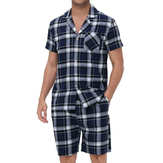Tyhengta Men's Pajamas Plaid Sets Sleepwear Pajama Collar Short Sleeve Shirts and Pants Mens Pjs Lounge Set With Pockets Navy/White XL