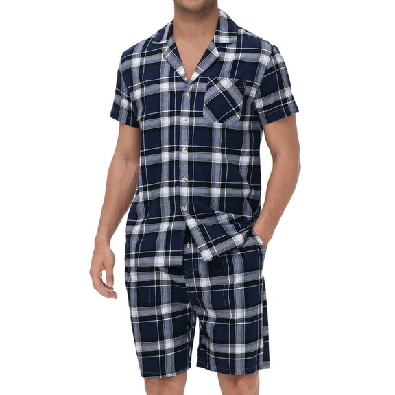 Tyhengta Men's Pajamas Plaid Sets Sleepwear Pajama Collar Short Sleeve Shirts and Pants Mens Pjs Lounge Set With Pockets Navy/White XL