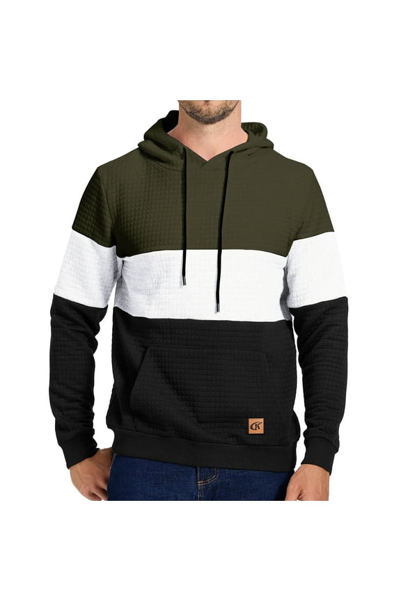 Men's Hoodies Pullover Plaid Jacquard Hoodie Long Sleeve Casual Drawstring Sweatshirts with Pocket Armygreen/White/Black S