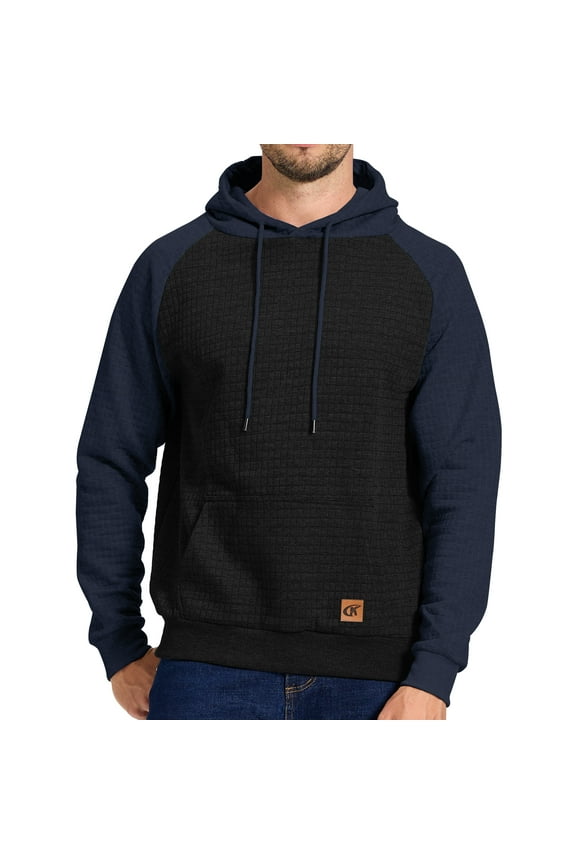 Men's Hoodies Pullover Plaid Jacquard Hoodie Long Sleeve Casual Drawstring Sweatshirts with Pocket Black/Indigo S