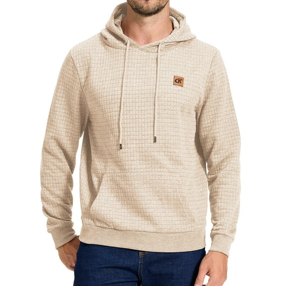 Tyhengta Men's Hoodies Pullover Plaid Jacquard Hoodie Long Sleeve Casual Drawstring Sweatshirts with Pocket Light Beige S