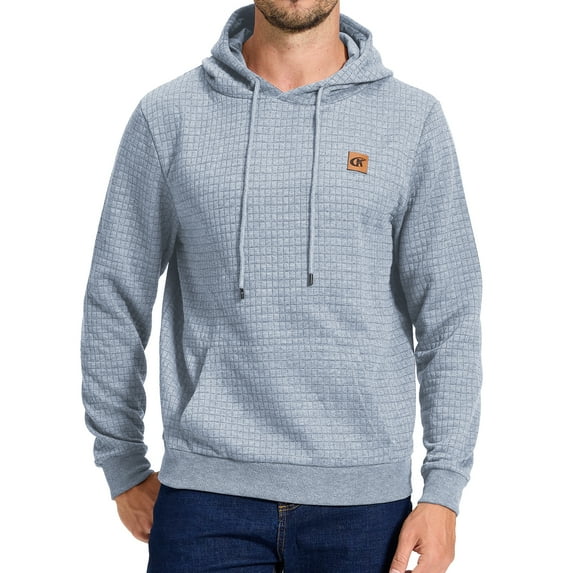 Tyhengta Men's Hoodies Pullover Plaid Jacquard Hoodie Long Sleeve Casual Drawstring Sweatshirts with Pocket Lightgrey L