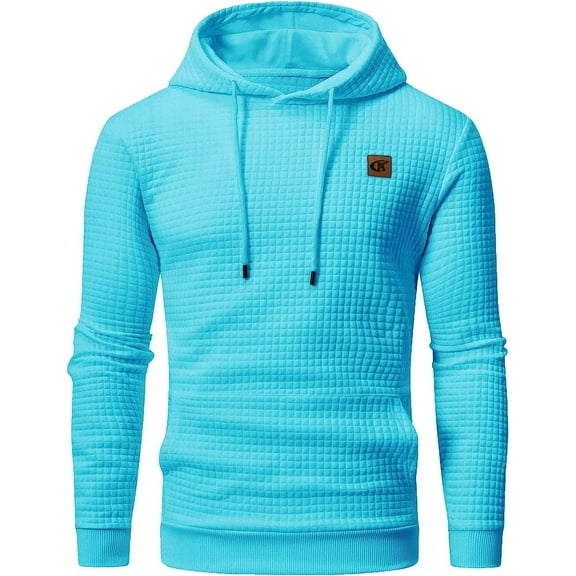 Tyhengta Men's Hoodies Pullover Plaid Jacquard Hoodie Long Sleeve Casual Drawstring Sweatshirts with Pocket Sky Blue M