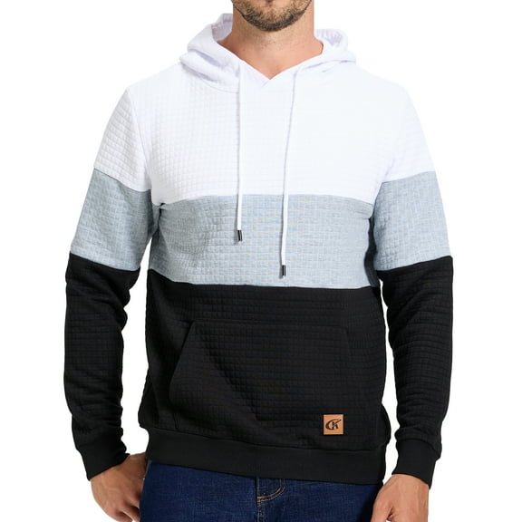 Tyhengta Men's Hoodies Pullover Plaid Jacquard Hoodie Long Sleeve Casual Drawstring Sweatshirts with Pocket White/Lightgrey/Black S