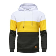 Tyhengta Men's Pullover Hoodies Plaid Jacquard Long Sleeve Drawstring Hipster Casual Hooded Sweatshirts with Kanga Pockets White/Yellow/Black L