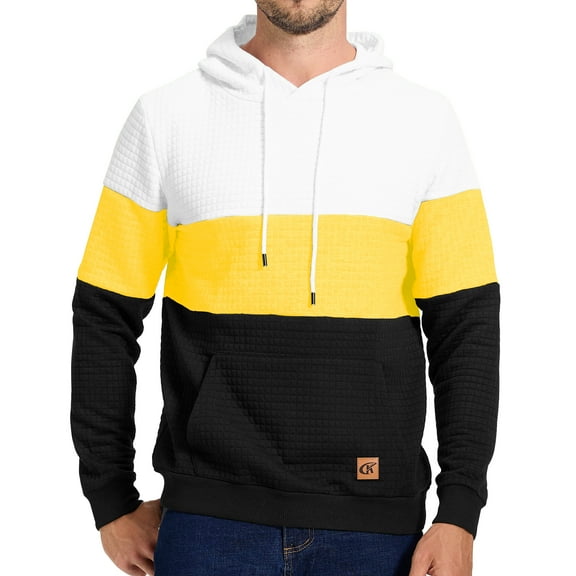 Tyhengta Men's Hoodies Pullover Plaid Jacquard Hoodie Long Sleeve Casual Drawstring Sweatshirts with Pocket White/Yellow/Black L