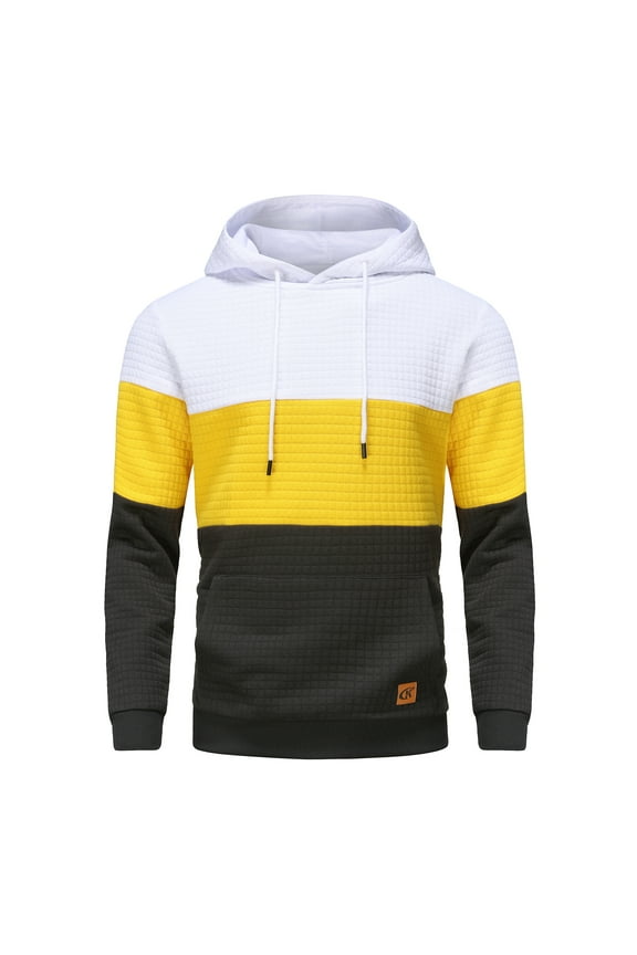 Men's Hoodies Pullover Plaid Jacquard Hoodie Long Sleeve Casual Drawstring Sweatshirts with Pocket White/Yellow/Black XXL