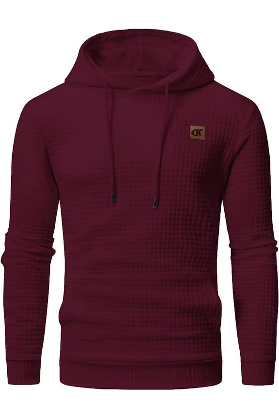 Men's Hoodies Pullover Plaid Jacquard Hoodie Long Sleeve Casual Drawstring Sweatshirts with Pocket Winered XXL