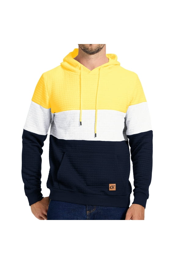 Men's Hoodies Pullover Plaid Jacquard Hoodie Long Sleeve Casual Drawstring Sweatshirts with Pocket Yellow/White/Navyblue M