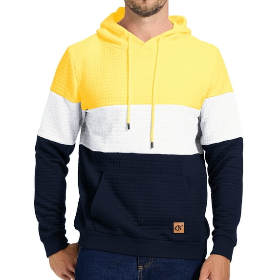 Tyhengta Men's Hoodies Pullover Plaid Jacquard Hoodie Long Sleeve Casual Drawstring Sweatshirts with Pocket Yellow/White/Navyblue XL
