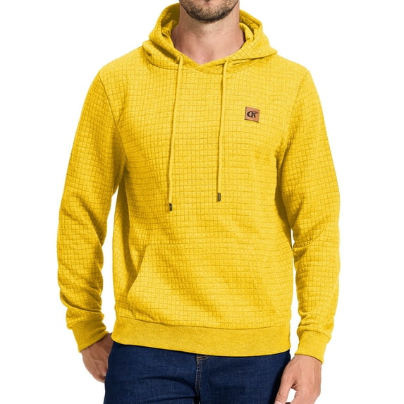 Tyhengta Men's Hoodies Pullover Plaid Jacquard Hoodie Long Sleeve Casual Drawstring Sweatshirts with Pocket Yellow XXL