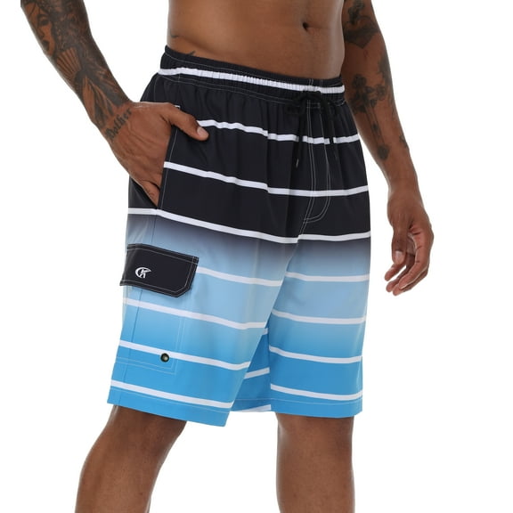Tyhengta Men's Quick Dry Swim Trunks Mesh Lining Beach Board Shorts with Pockets White Stripe Black Gradient Blue M