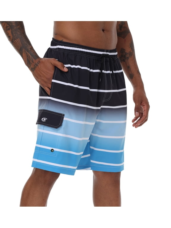 Men's Quick Dry Swim Trunks Mesh Lining Beach Board Shorts with Pockets White Stripe Black Gradient Blue XL