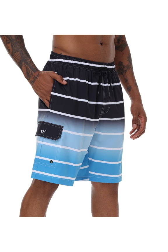 Men's Quick Dry Swim Trunks Mesh Lining Beach Board Shorts with Pockets White Stripe Black Gradient Blue XL