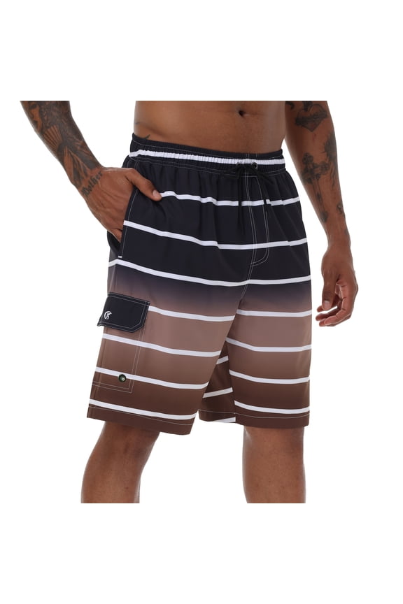 Men's Quick Dry Swim Trunks Mesh Lining Beach Board Shorts with Pockets White Stripe Black Gradient Coffee L