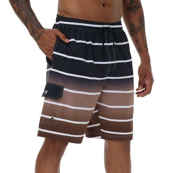 Tyhengta Men's Quick Dry Swim Trunks Mesh Lining Beach Board Shorts with Pockets White Stripe Black Gradient Coffee M