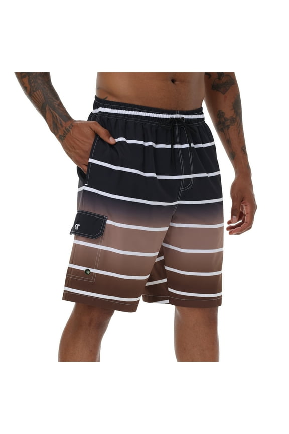 Men's Quick Dry Swim Trunks Mesh Lining Beach Board Shorts with Pockets White Stripe Black Gradient Coffee XL